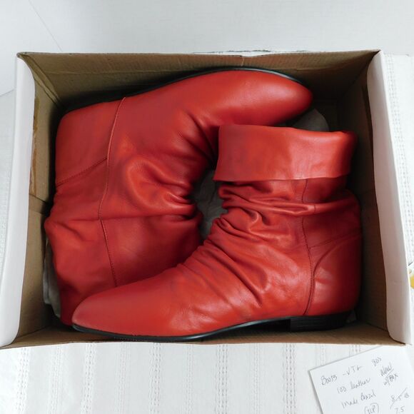 Vintage 80s Red Genuine Leather Slouch Boots Women’s 7.5 Flats, Cuffable NEW - Picture 12 of 13